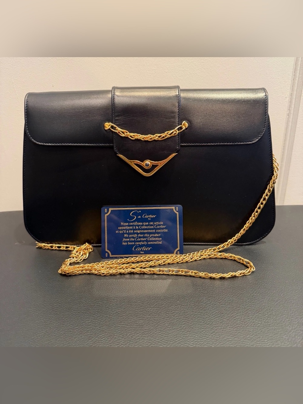 Authentic Cartier 💙 Sapphire Chain Purse Navy Leather w/COA